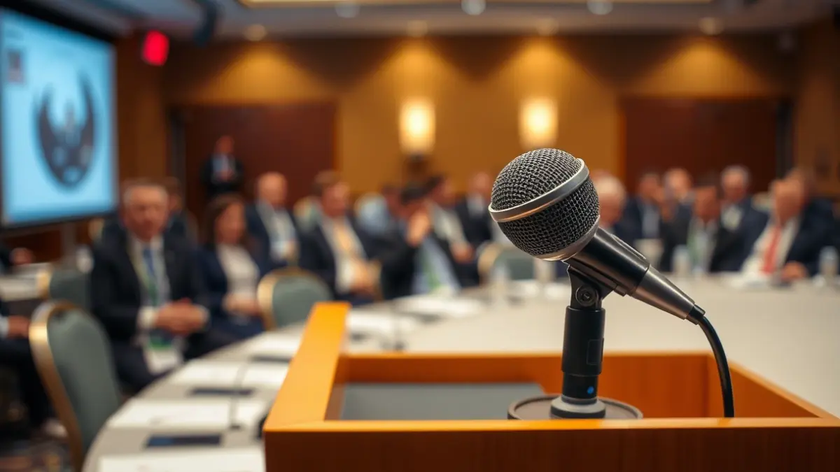 Imatge genèrica d'un micròfon en un faristol durant una presentació.