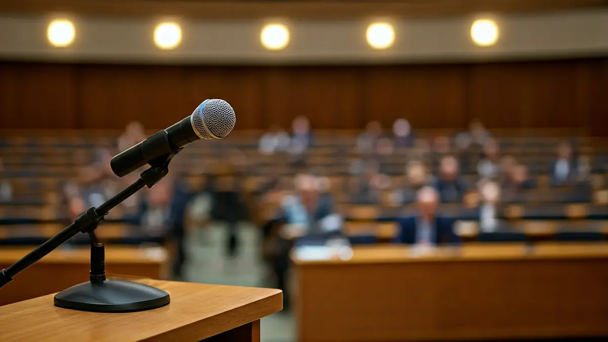 Imatge genèrica d'un micròfon en un faristol en una sala de reunions buida.