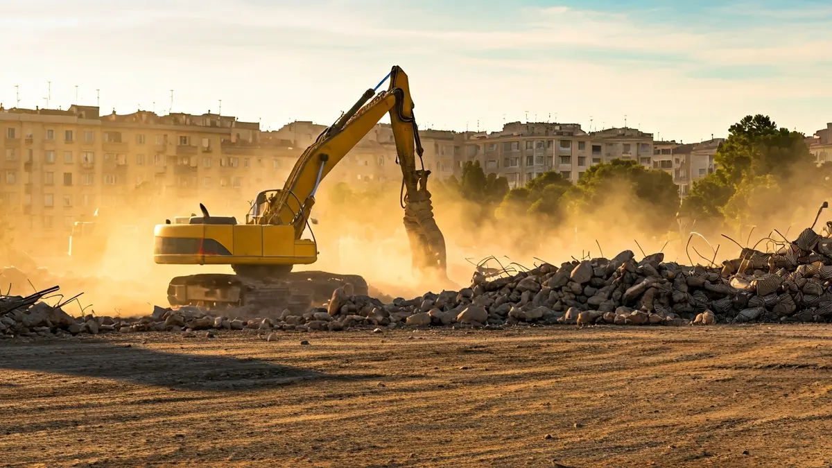 Imatge genèrica d'una obra d'enderroc amb pols i maquinària pesada.