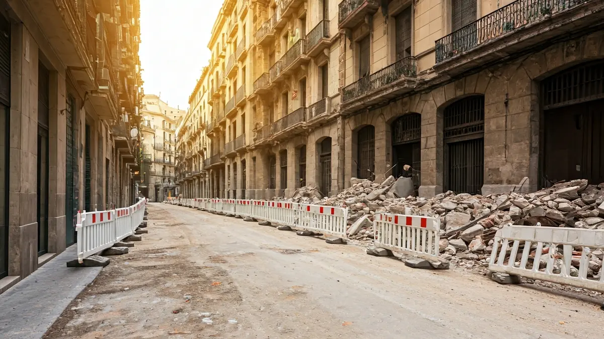 Imatge d'un lloc de demolició amb tanques de seguretat i runes borroses.
