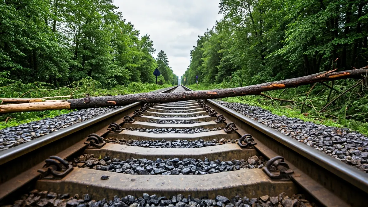Imatge d'unes vies de tren amb un arbre caigut a prop, simbolitzant els danys causats pels temporals.