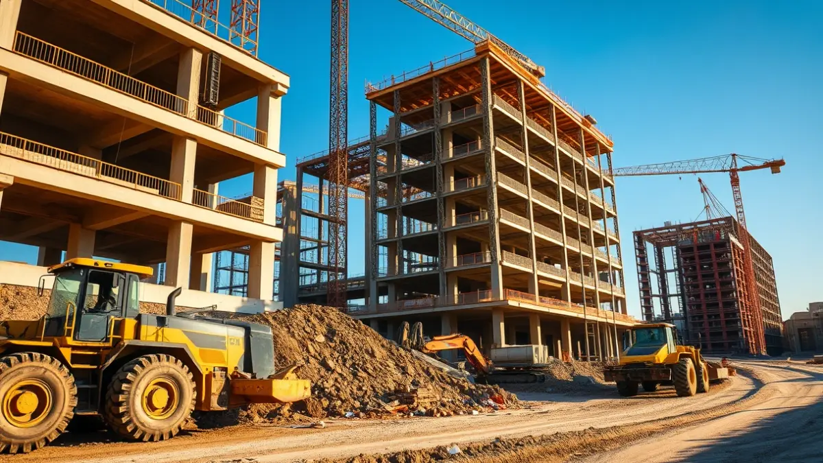 Imagen de un solar en construcción con maquinaria pesada y estructuras a medio construir.
