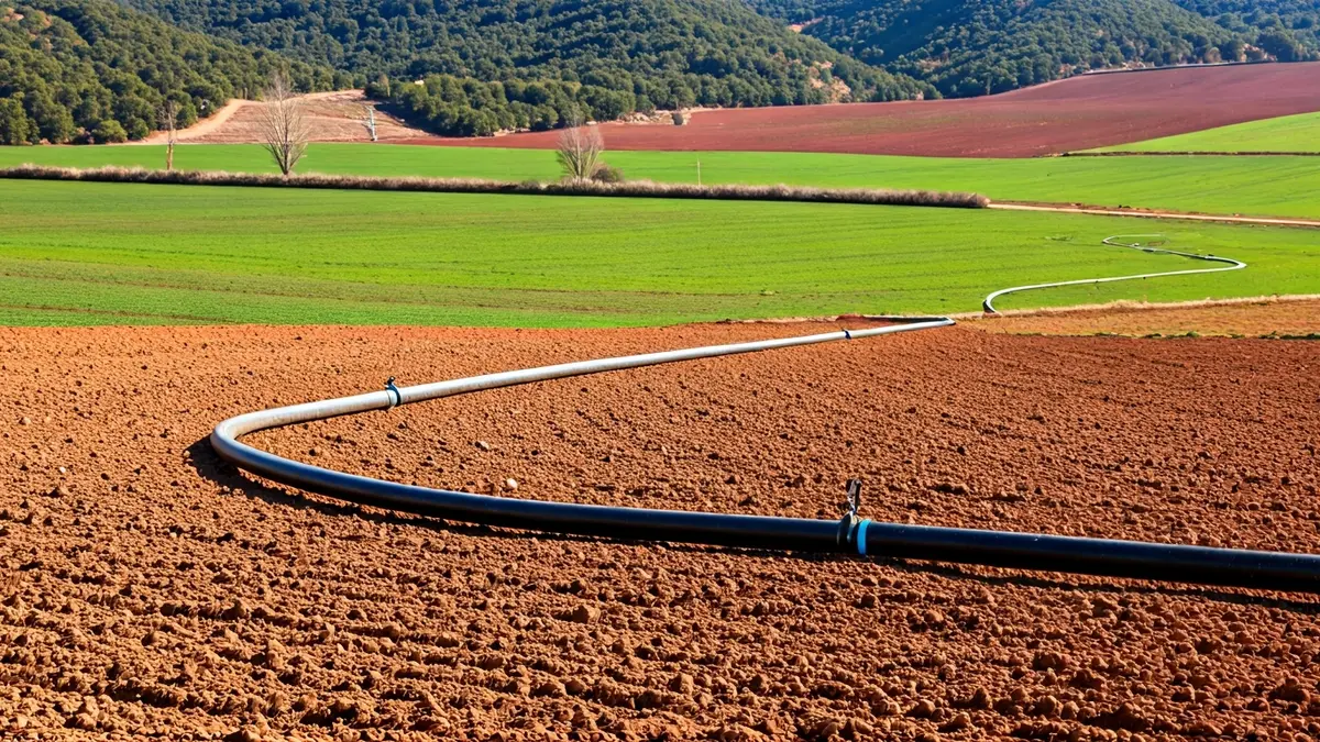 Generic image of irrigation pipes in an agricultural field under the sun.