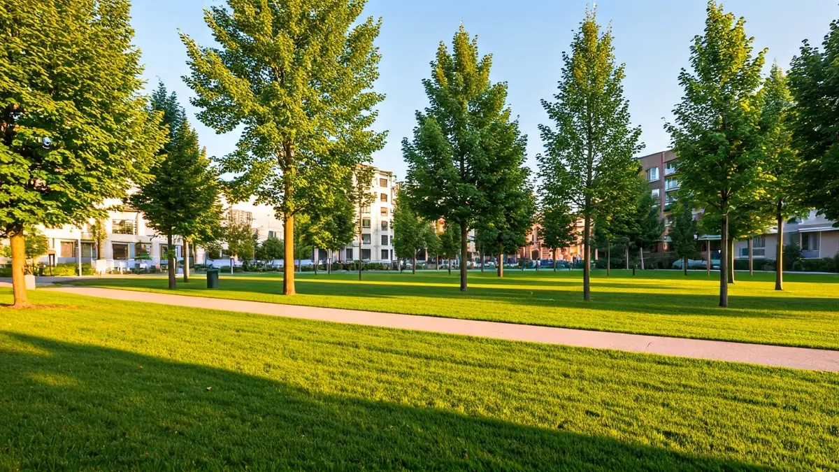 Imatge d'un parc urbà ben cuidat amb arbres i camins, amb edificis residencials al fons.