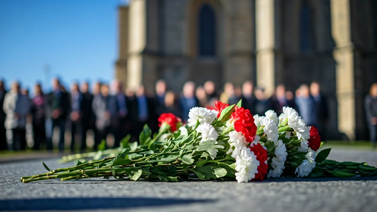 Ofrena floral en un monument a les víctimes de la guerra