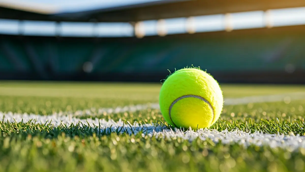 Generic image of a tennis ball on court grass, symbolizing sustainability in sports.