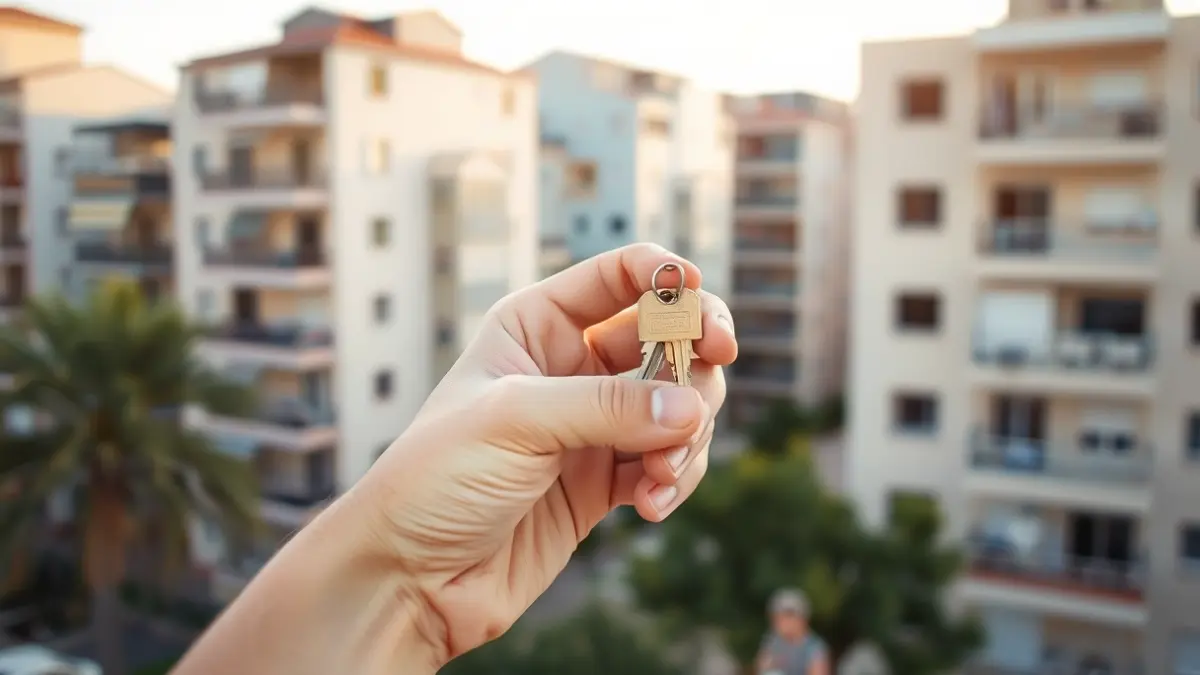 Imatge genèrica d'una mà sostenint una clau d'habitatge amb edificis al fons, simbolitzant l'accés a l'habitatge.