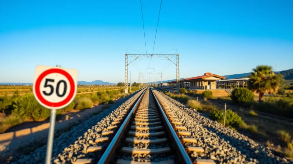 Imagen de una vía de tren con señales de limitación de velocidad temporal y una estación al fondo.