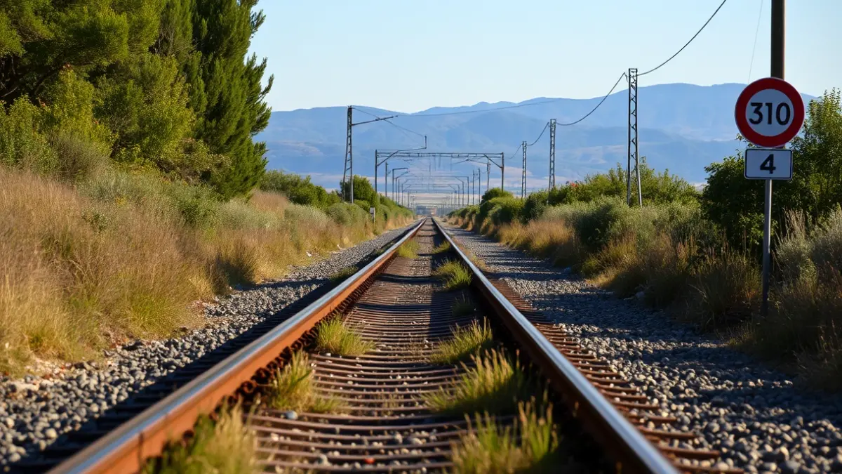 Imagen de una vía de tren con señales de deterioro y limitaciones de velocidad.