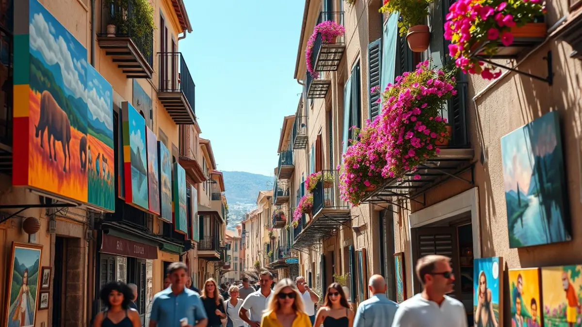 Balcons decorats amb obres d'art i flors en un carrer d'Alcanar.