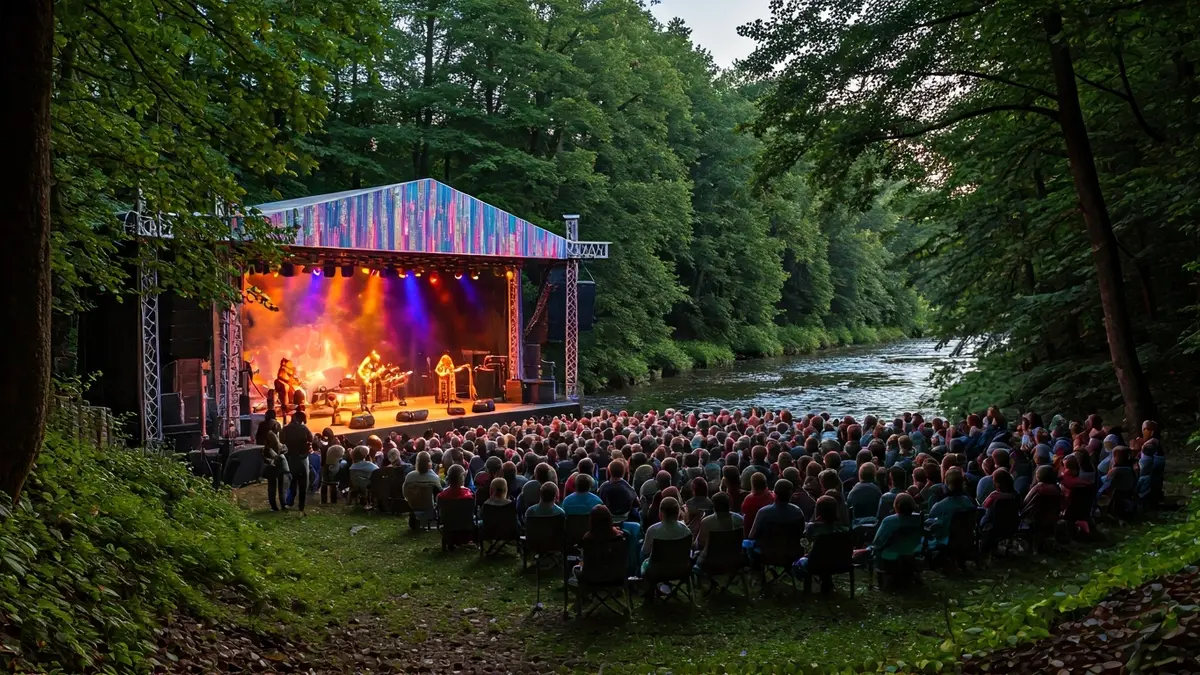 Escenari a l'aire lliure en un bosc fluvial amb llums de colors i públic gaudint d'una actuació.