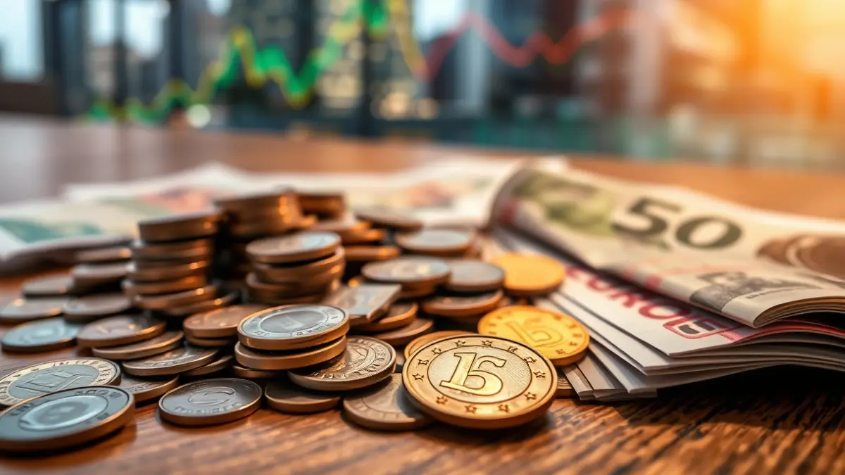 Imagen genérica de monedas y billetes de euro sobre una mesa de madera, con gráficos financieros de fondo.