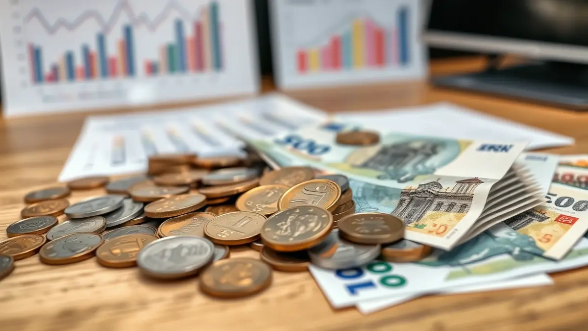 Imatge genèrica de monedes i bitllets d'euro sobre una taula, amb gràfics financers desenfocats al fons.
