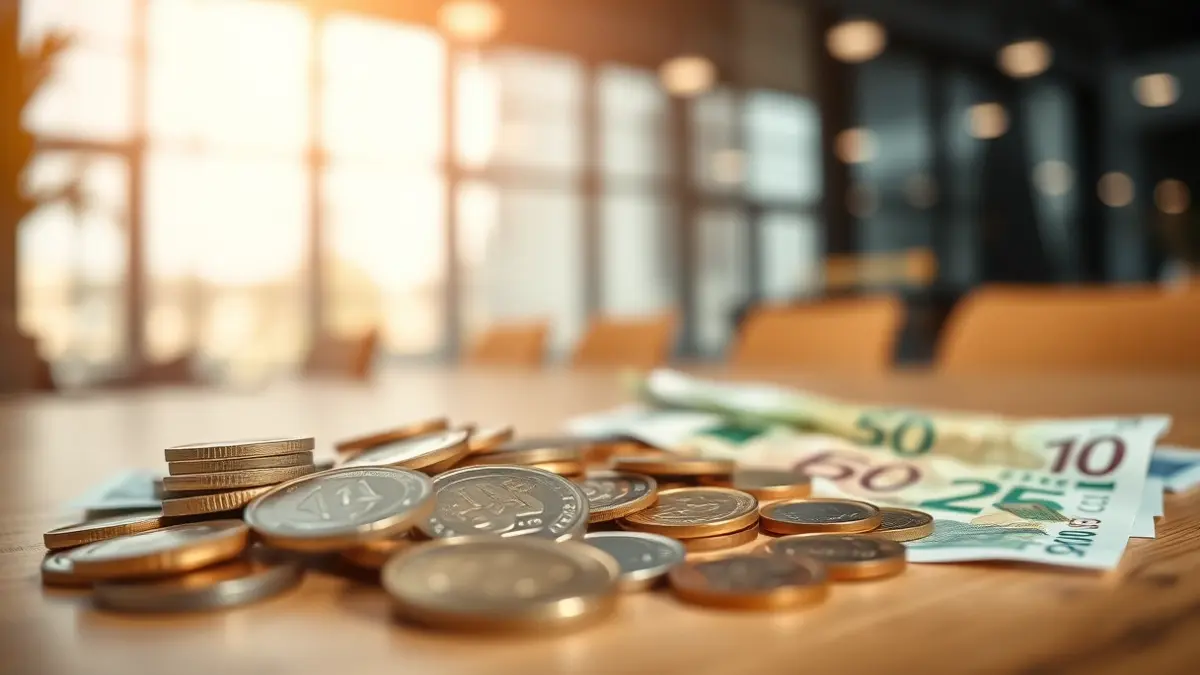 Generic image of euro coins and banknotes on a table, symbolizing per capita income.