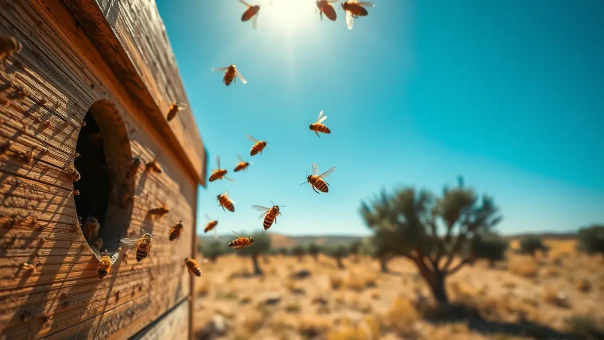 Image of a beehive with bees flying around, in a rural Mediterranean landscape.