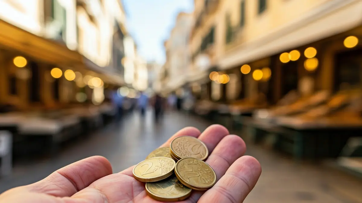 Imagen genérica de monedas en la mano, con un fondo urbano desenfocado.