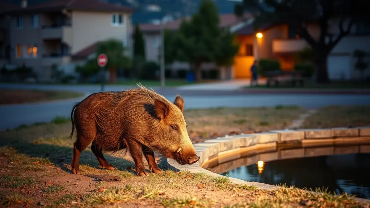 Imatge d'un senglar buscant menjar prop d'una bassa en una zona urbana.
