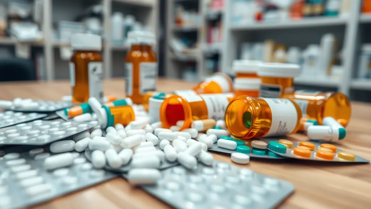 Generic image of medications in pill organizers and packages on a table.