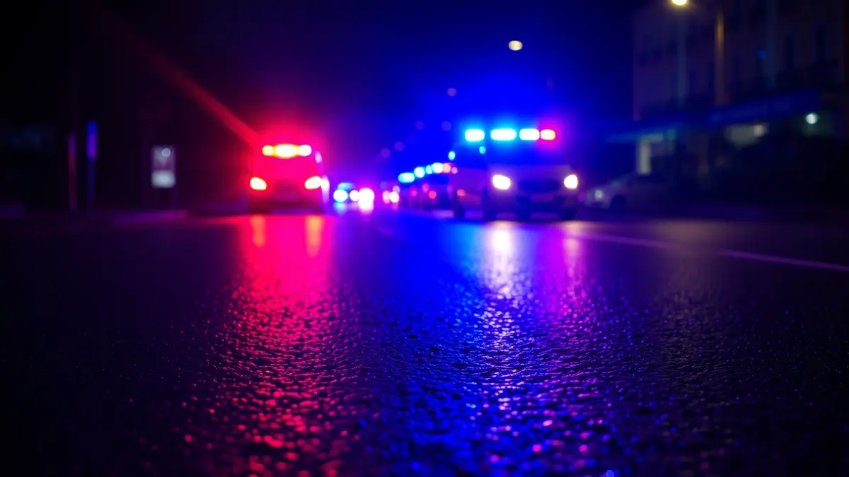 Generic image of emergency lights reflecting on wet asphalt.