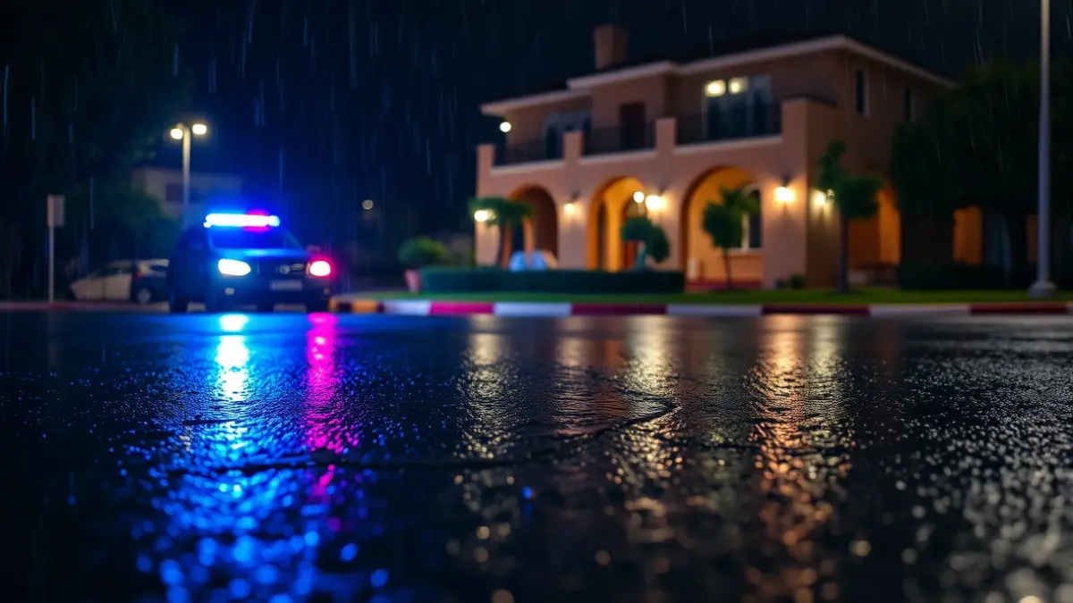 Imatge genèrica de llums d'emergència reflectint-se sobre asfalt mullat per la pluja.