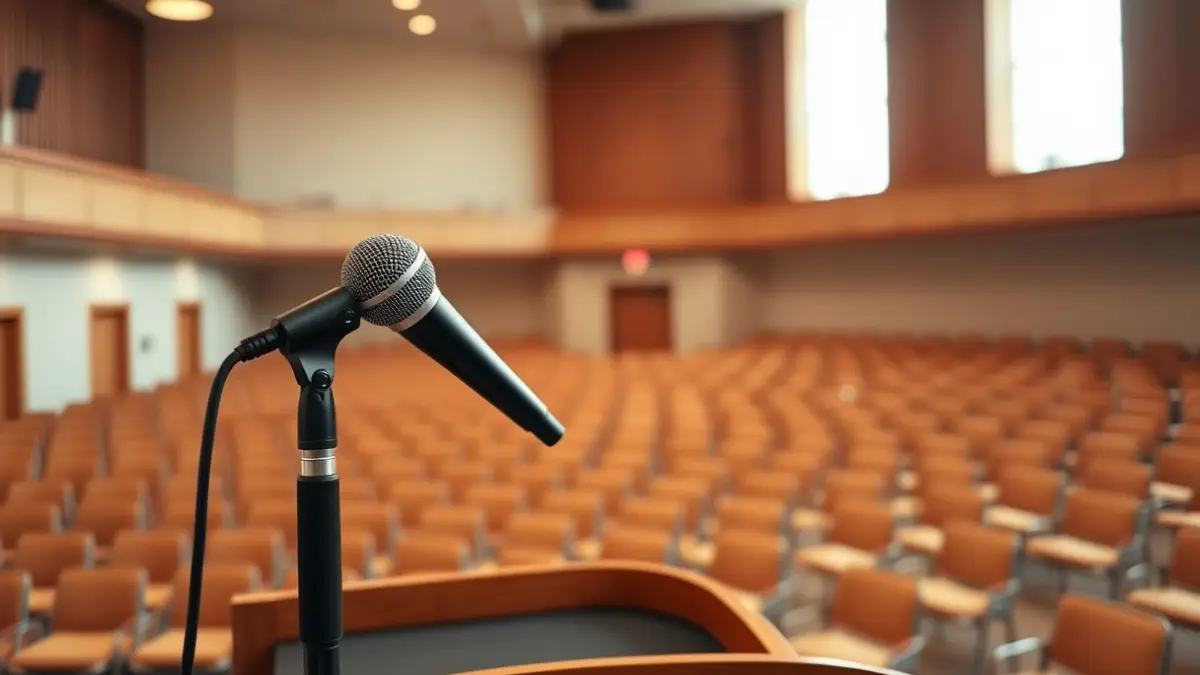 Generic image of a microphone on a podium in an empty meeting room, with natural light.