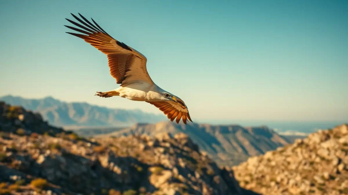 Un alimoche vuela sobre un paisaje mediterráneo soleado.