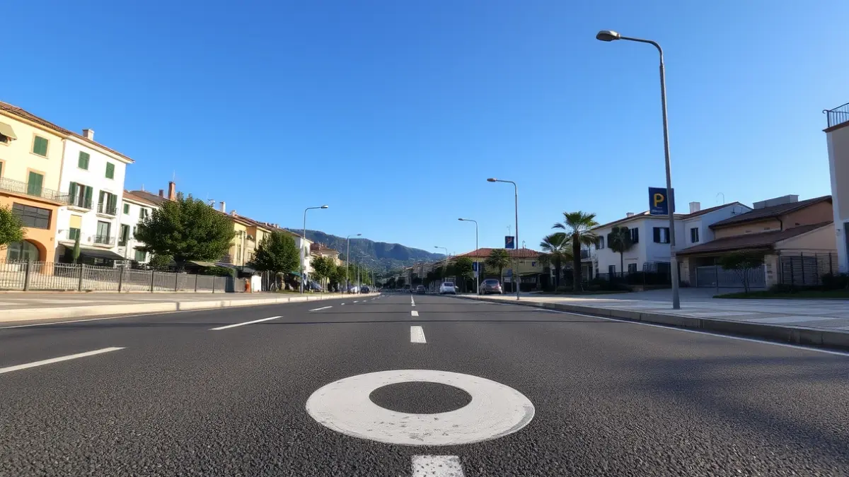 Generic image of a newly paved road with horizontal markings and speed reduction elements.