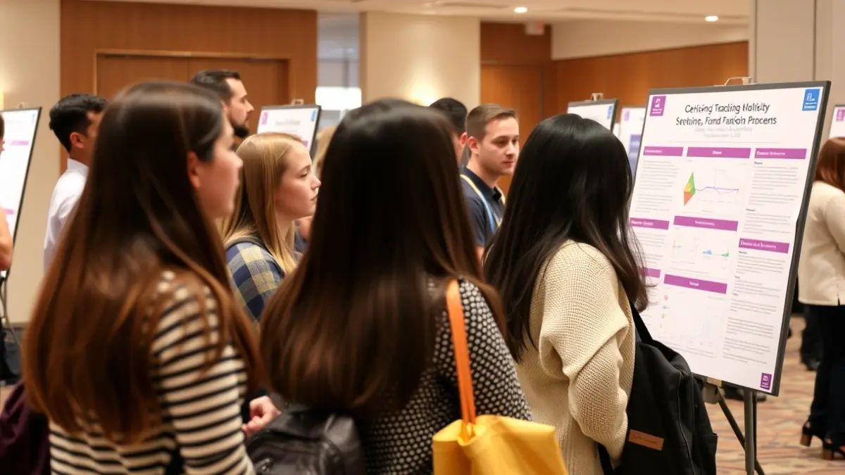 Imatge genèrica d'estudiants presentant un pòster científic en una jornada de recerca.