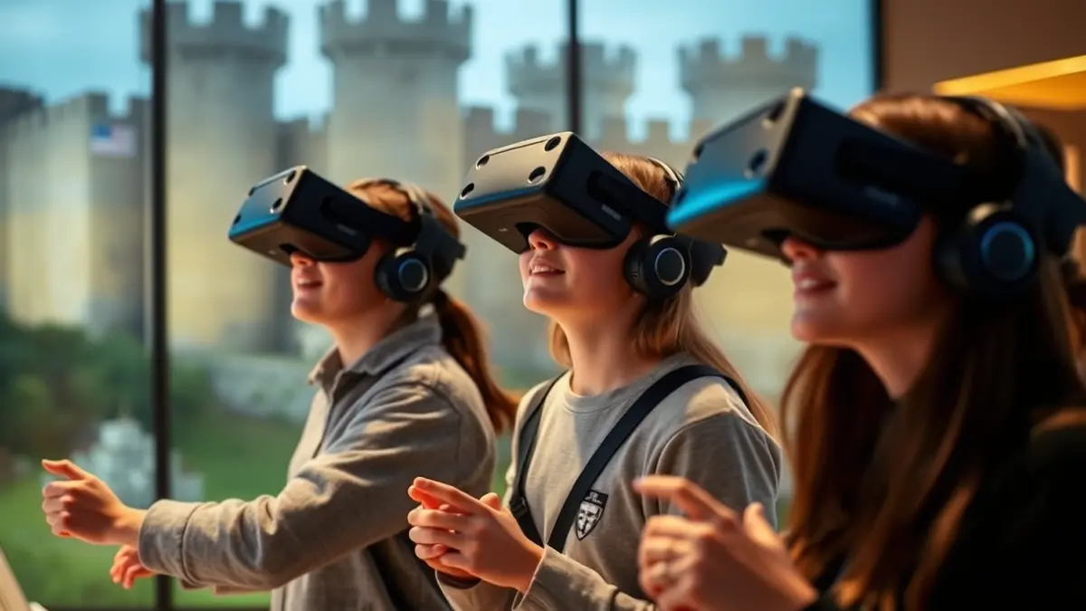Image of students using virtual reality headsets to explore a historic castle.