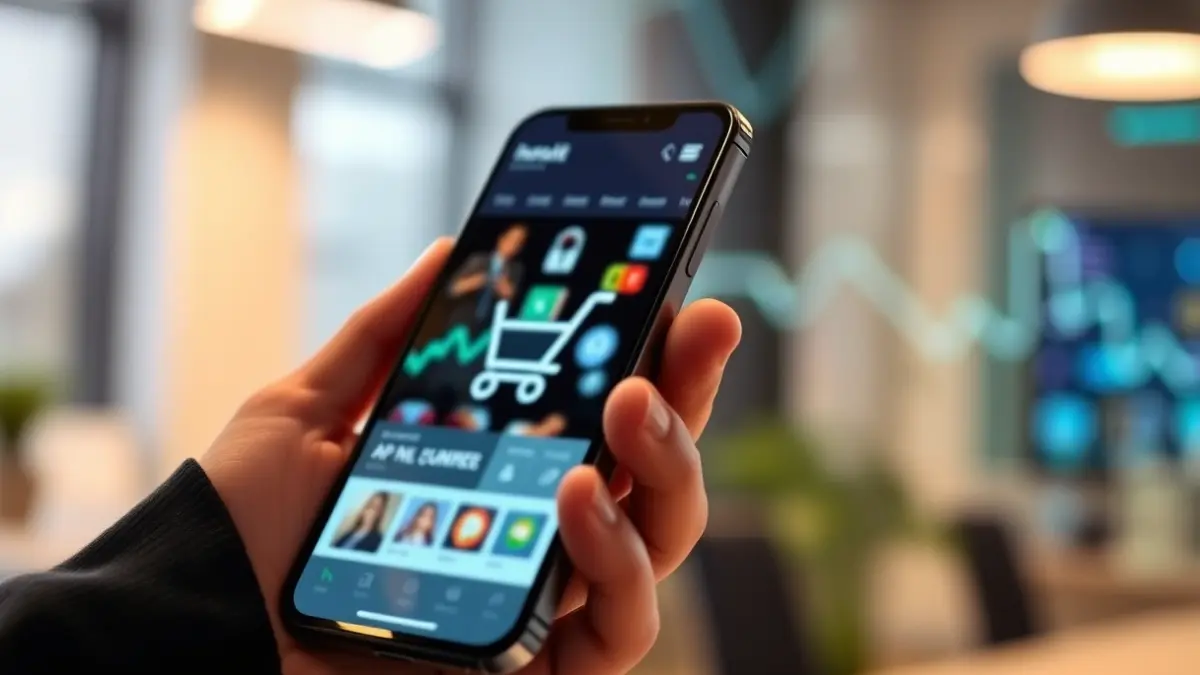 Generic image of a hand using a mobile device with an e-commerce interface, symbolizing innovation and technology in the business world.