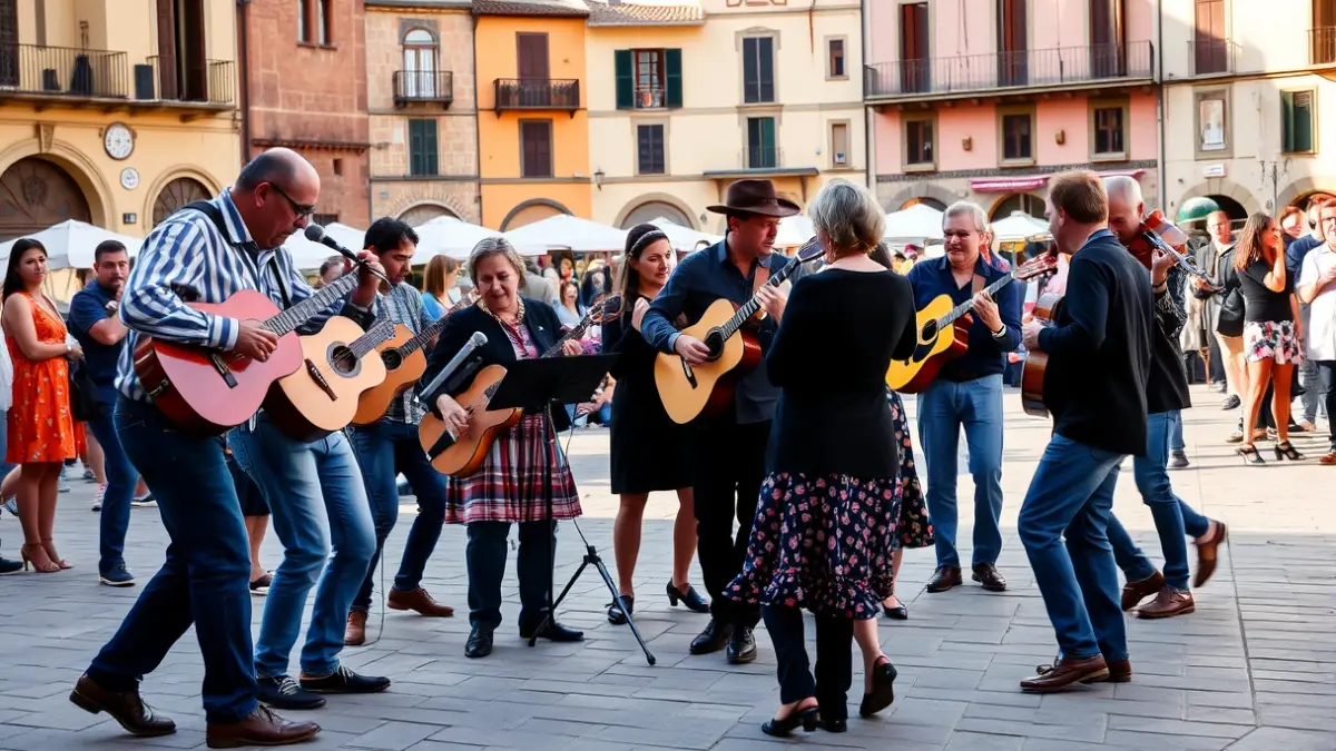 Imagen de una cobla tocando sardanas en una plaza, con gente bailando.