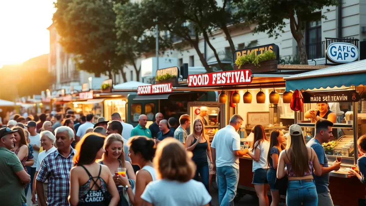 Imatge genèrica d'un festival de food trucks amb gent gaudint de l'ambient.