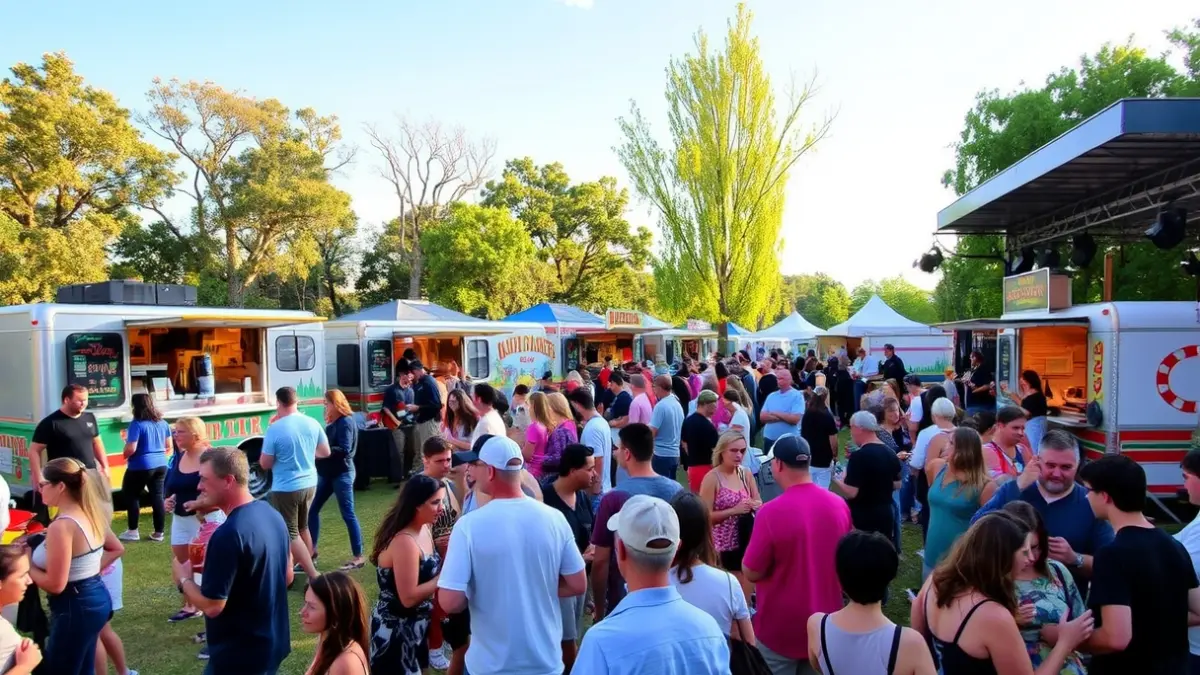 Imagen genérica de un festival de foodtrucks en un parque con gente disfrutando del ambiente.