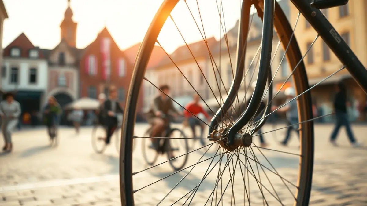 Roda de bicicleta antiga amb un fons desenfocat d'una plaça històrica.