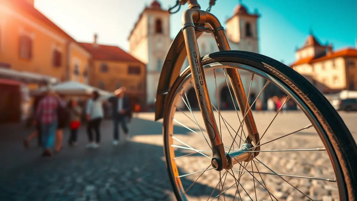 Imatge d'una roda de bicicleta antiga amb un fons desenfocat d'una plaça de poble històrica.