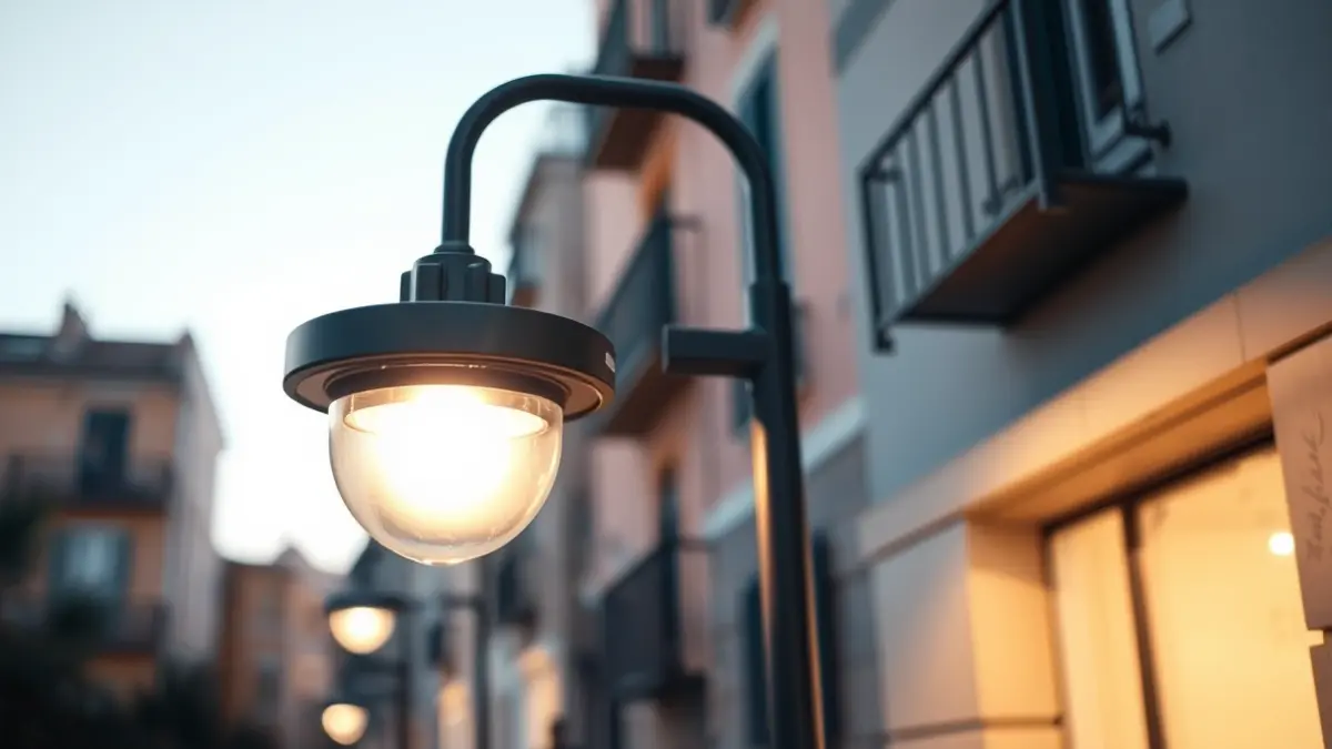 Imagen genérica de una farola LED moderna iluminando una calle al anochecer.