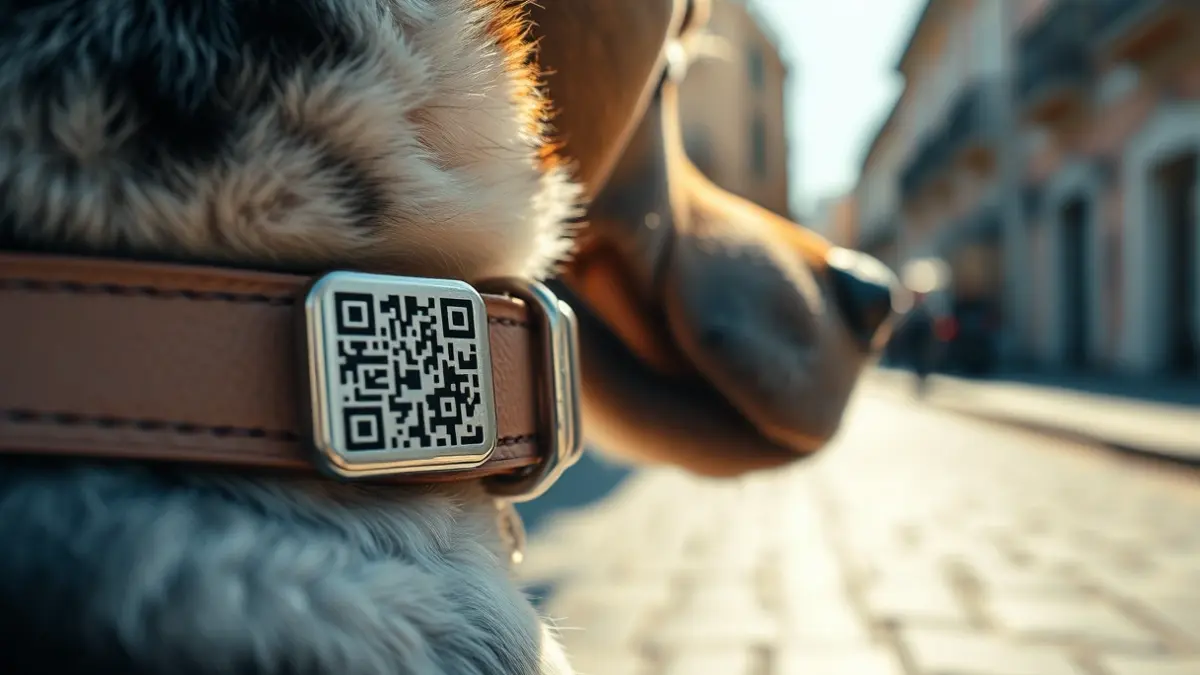 QR code tag on a dog's collar, with a blurred urban background.