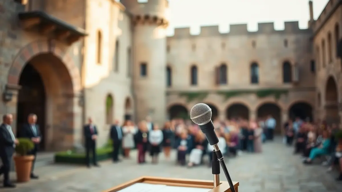 Imagen de un micrófono en un atril en el patio de un castillo, con público desenfocado al fondo.