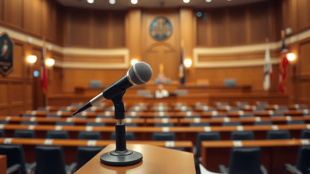 Imatge genèrica d'un micròfon en un faristol en una sala de plens municipal buida.