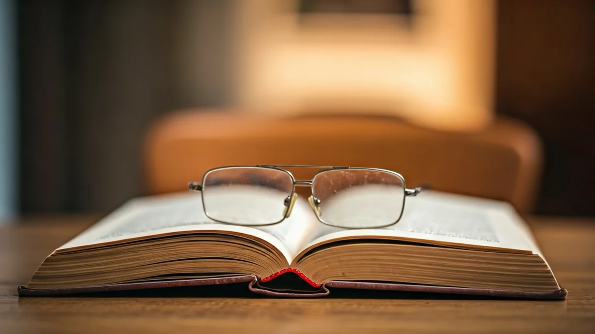 Imagen genérica de un libro abierto con gafas de lectura sobre una mesa de madera.