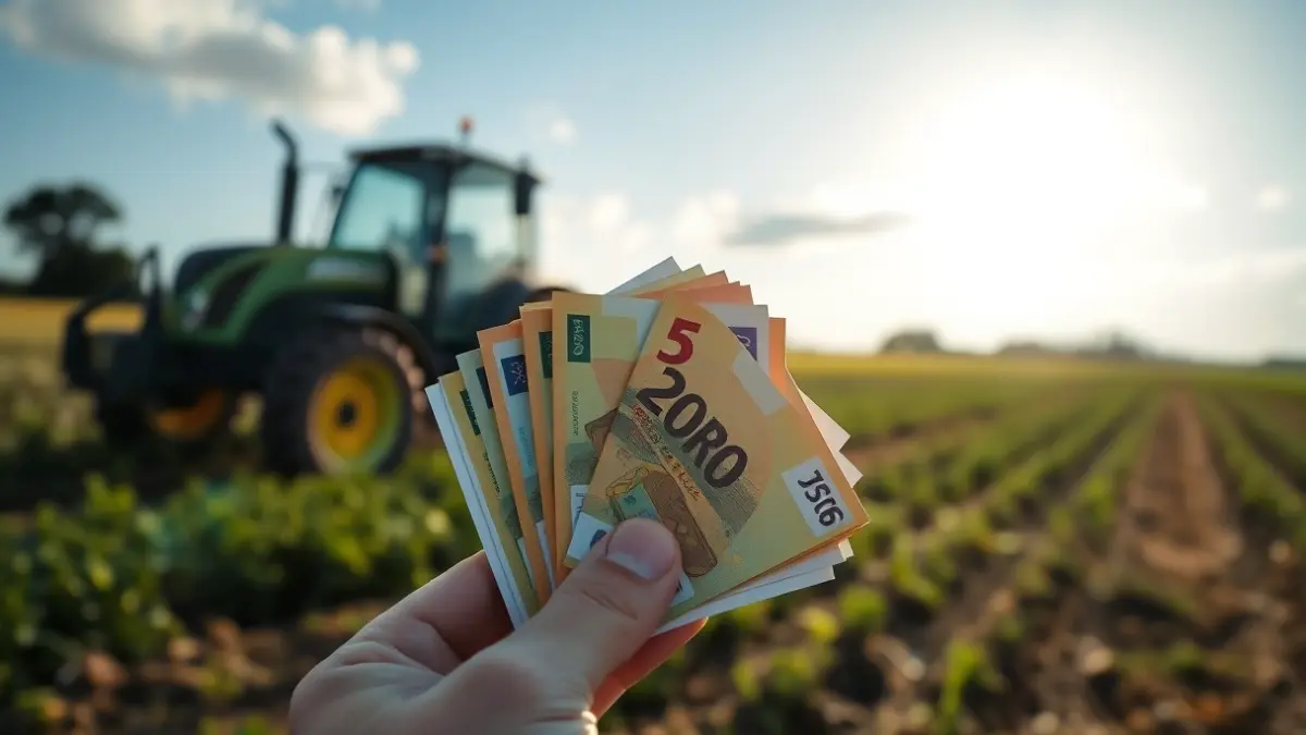 Imagen genérica de dinero en mano con un campo agrícola de fondo, simbolizando la falta de liquidez en el sector primario.