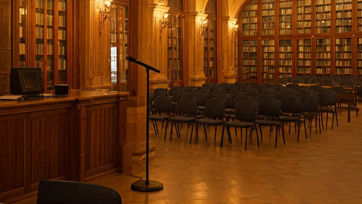 Imatge genèrica d'una sala de presentacions de llibres amb prestatgeries i un faristol.