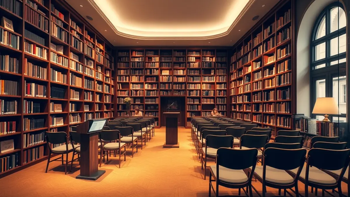 Generic image of a library interior with wooden bookshelves and a podium with a microphone.