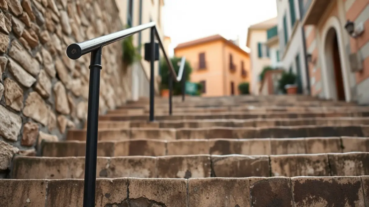 Imagen de unas escaleras antiguas con barandilla, simbolizando la mejora de accesibilidad en el casco antiguo.
