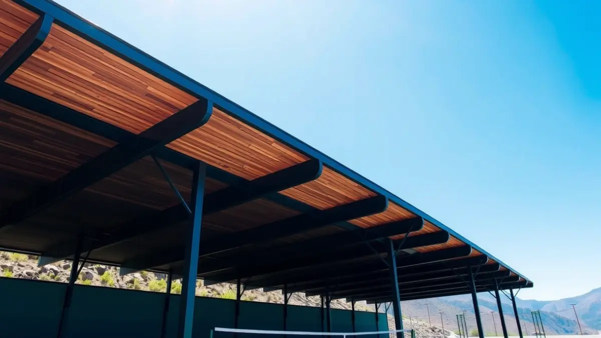 Pistas de pádel cubiertas en Arties, con una estructura de madera y pilares metálicos.