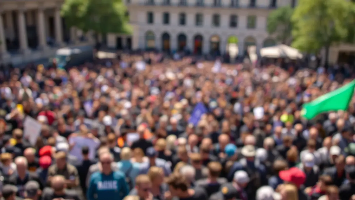 Generic image of a crowd in a square, with blurred figures in the foreground.