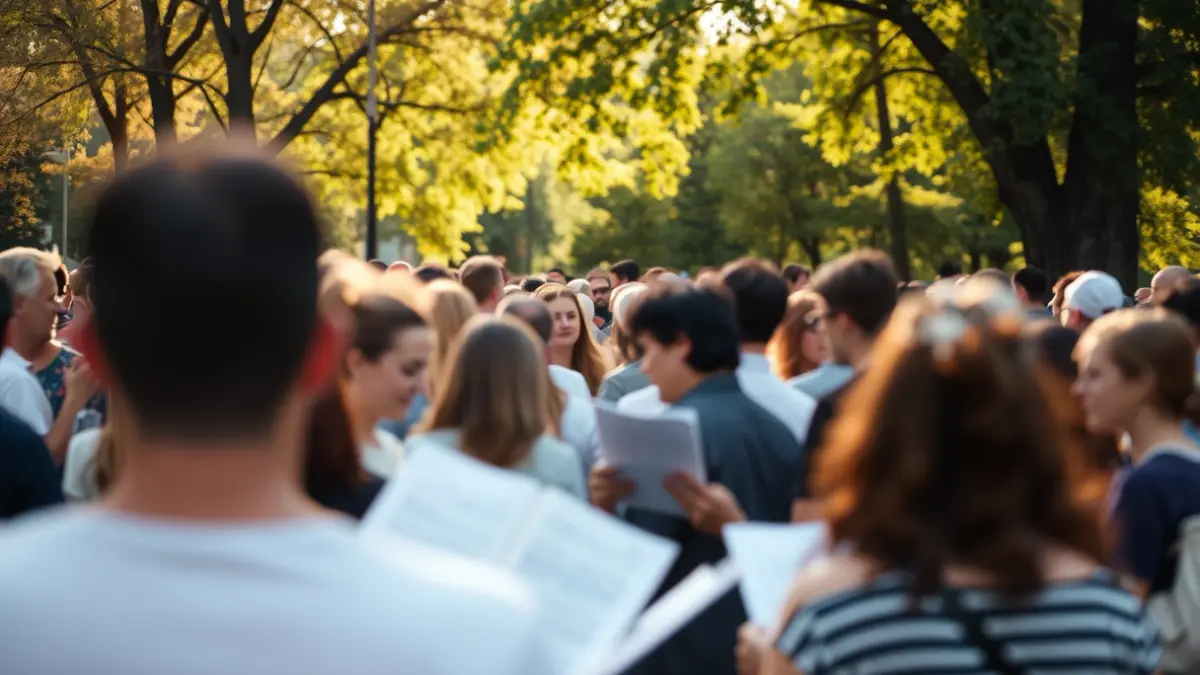 Generic image of a crowd in a park, with sheet music, under warm afternoon sunlight.