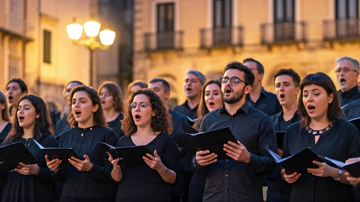 Imatge genèrica d'un cor cantant en un espai públic.