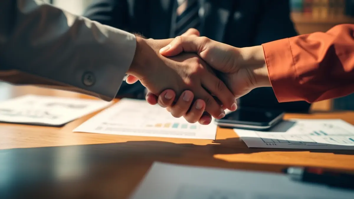 Generic image of hands shaking over a desk, symbolizing business agreements.