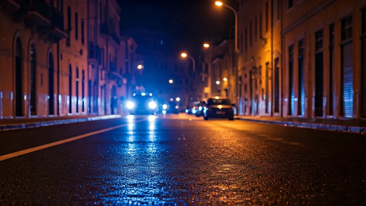 Imatge genèrica de llums d'emergència reflectint-se sobre l'asfalt mullat de nit.